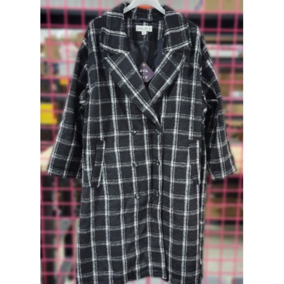 Ava & Viv Women's 4X Black & White Plaid Double Breasted Knee Length Overcoat - Picture 2 of 9